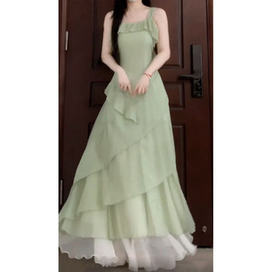 French Style Fitted Waist Irregular Ruffle Maxi Dress Asymmetric Casual Summer Dress Green White <b>Layered</b> Long Dress - Product Image 3