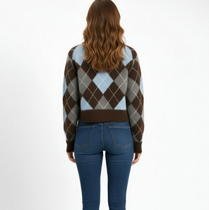 Pull à boutons à manches longues pour fille, style preppy, en <span class=keywords><strong>crochet</strong></span> Argyle, vente chaude - Product Image 2