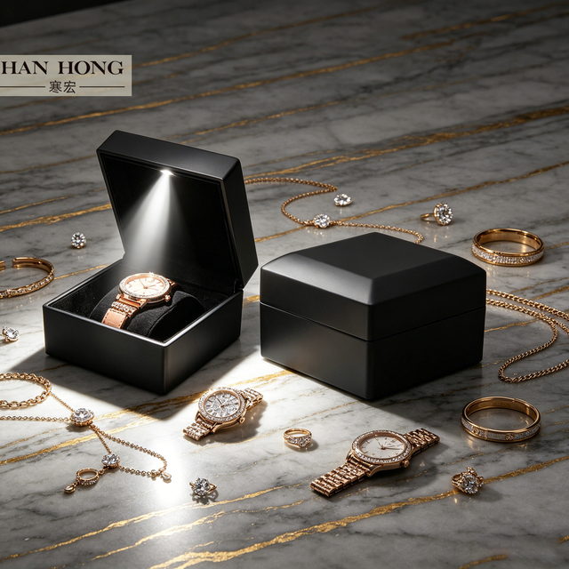 Factory Handmade Luxury Empty Square Watch Box Packaging Custom Logo UV Print Black Plastic Recycled Breathable Snap Closure LED