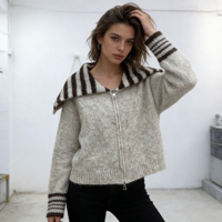 Cardigan zippé à col rayé pour femme, Nouveau pull en maille ample automne-hiver 2026, Vêtement d'extérieur décontracté doux et chaud