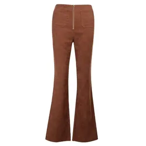 Pantalon évasé en velours côtelé pour femme, automne 2020, poches zippées, marron, taille moyenne, décontracté, Texture quotidienne, pantalon coupe botte