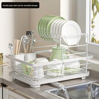 Égouttoir à vaisselle double couche en métal pour cuisine, support de rangement multifonctionnel pour comptoir avec boîte de rangement pour baguettes
