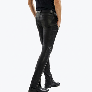 <b>Men's</b> Black <b>Leather</b> Moto Biker <b>Pants</b> High Waist Zipper Fly Straight Fit Midweight Woven Material Autumn Style - Product Image 4