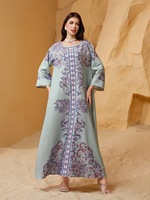 Robe longue maxi imprimée avec perles et strass, vert, gris, bleu, argent, pour femmes musulmanes, Abaya Kaftan, manches longues, en polyester, vente en gros, en stock