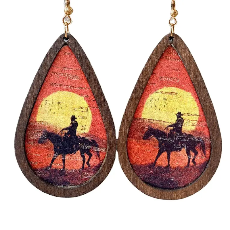 Wholesale Retro Western Cowboy Cork Texture Crack Cactus Wood Frame Waterdrop Hoop Earrings