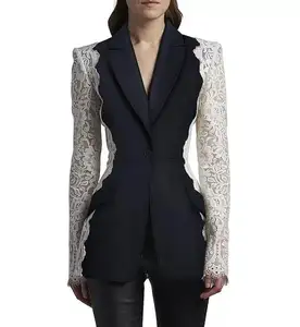 Vrouwen Chic Met Kant Notch Revers Slanke Blazer Jas Dames Elegante Enkele Knop Smoking Jasje Met Schuine Zijzakken