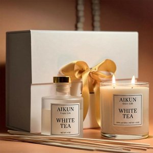 AIKUN Custom Logo Elegant Eco-Friendly Soy Wax Glass Jar Candles <b>Reed</b> <b>Diffuser</b> Sets Decor Luxury Scented Candles Gift Set - Product Image 1