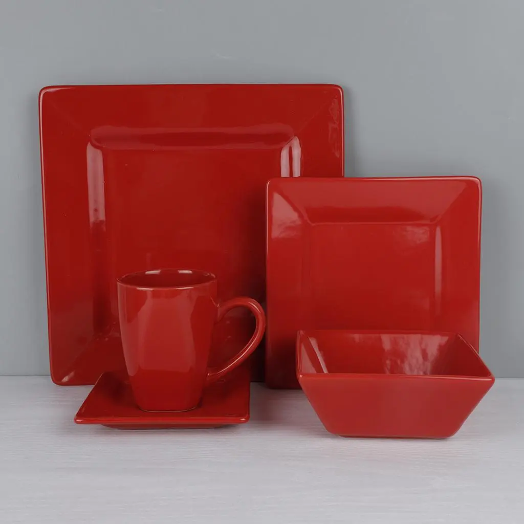 china wholesale 20pcs dishes plates sets hot sale reasonable price rustic ceramic red square dinnerware sets