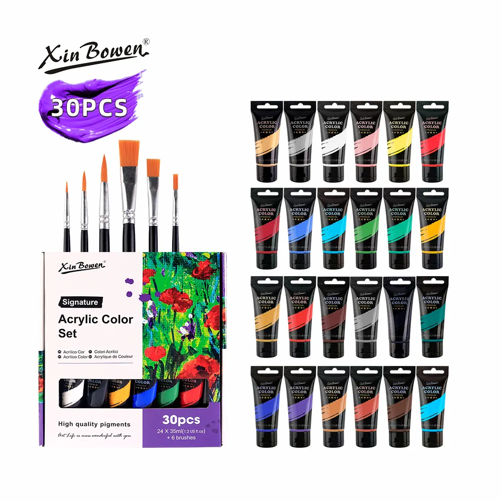 Xin Bowen 35ML Acrylic Paint 24 Colors Paper Gift Box Painting Materials With Mixed Type Paintbrush Set MSDS EN-71 And CPC Paint