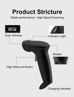 Lecteur de codes-barres portable 2D OEM sans fil USB, grande mémoire, codes 1D+2D+QR, batterie 2000 mAh, en stock, pour supermarchés