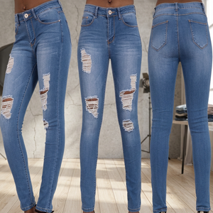 Overstock Ladies Skinny <b>Denim</b> Jeans Summer Mid Waist Button Solid Dark Wash Cotton <b>Stretch</b> Straight Trousers Chinese Stock Lot - Product Image 3