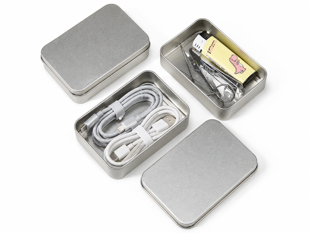 Custom Metal Tin Box Metal Cans Rectangular Storage Case With Lid for Charging Cables Electronics Accessories and Travel