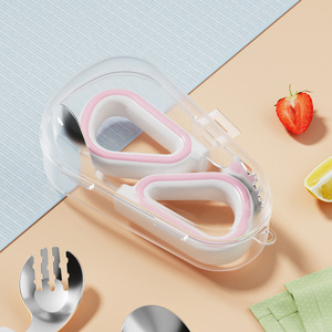 Cuchara de entrenamiento <span class=keywords><strong>para</strong></span> bebés Yuanbao, mango de silicona, tenedor doblado de acero inoxidable 316, diseño de dibujos animados, tipo taza, caja de vajilla al por mayor - Product Image 4