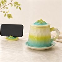 Ensemble de tasses à thé en céramique avec infuseur intégré, design montagne, glaçure dégradée, tasse à thé avec couvercle et soucoupe pour la maison, le bureau ou comme cadeau