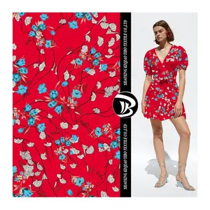 China supplier custom made floral polyester Red color digital printed fabrics for dresses materia