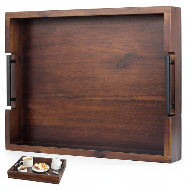 Acacia Wooden Tray with Metal Handles Handmade Serving Tray for Breakfast Kitchen Hotel Restaurant or Home Ottoman Table Display