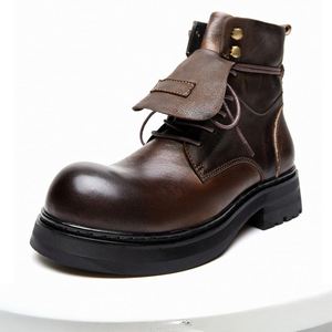 Botas de Cuero de Estilo Italiano Retro Casual, Talla Grande, con Cordones, Punta Redonda, Antideslizantes, que Aumentan la Altura, Botas de Otoño - Product Image 5