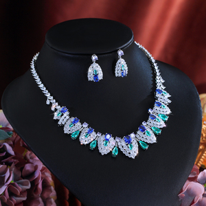 Sang trọng rực rỡ màu xanh tổng hợp Tanzanite đá và <span class=keywords><strong>Cubic</strong></span> <span class=keywords><strong>Zirconia</strong></span> lá chắn thiết kế Bridal Wedding party Jewelry Set đối với phụ nữ - Product Image 4