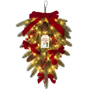 Christmas pine needle <b>wreath</b> hanging <b>wreath</b> velvet bow pine cone berry door decoration Christmas ornament - Product Image 6