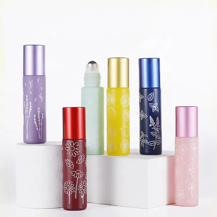 10ml hochwertige Rolle auf Glasflasche nachfüllbare gefrostete Parfüm-Roller flasche mit Blumen druck