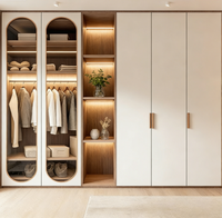 Dressing élégant à deux tons avec porte en verre cintrée, éclairage LED, zone de rangement zonée, style d'intérieur