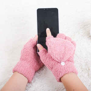 Cute Women's Winter Flip Top <b>Wool</b> Fingerless Gloves Warm Half Finger Thickened Cotton Pink Black Gray Coffee Khaki - Product Image 3