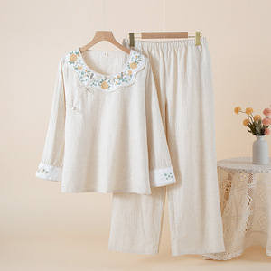 Pyjama pour femmes, nouveau style <span class=keywords><strong>chinois</strong></span>, tissé, brodé, respirant, en coton et lin, taille élastique, <span class=keywords><strong>pantalon</strong></span> uni à manches longues - Product Image 6