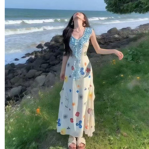 French Style Floral Print Sundress V Neck Empire Waist Long Dress For Beach Vacation Women Summer Casual Wear - Product Image 1