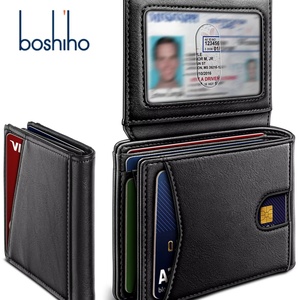 Boshiho Customized Slim Leather Card <b>Holder</b> Minimalist Bifold Design RFID Blocking Front Pocket <b>ID</b> Window Slot for Credit Cards - Product Image 1
