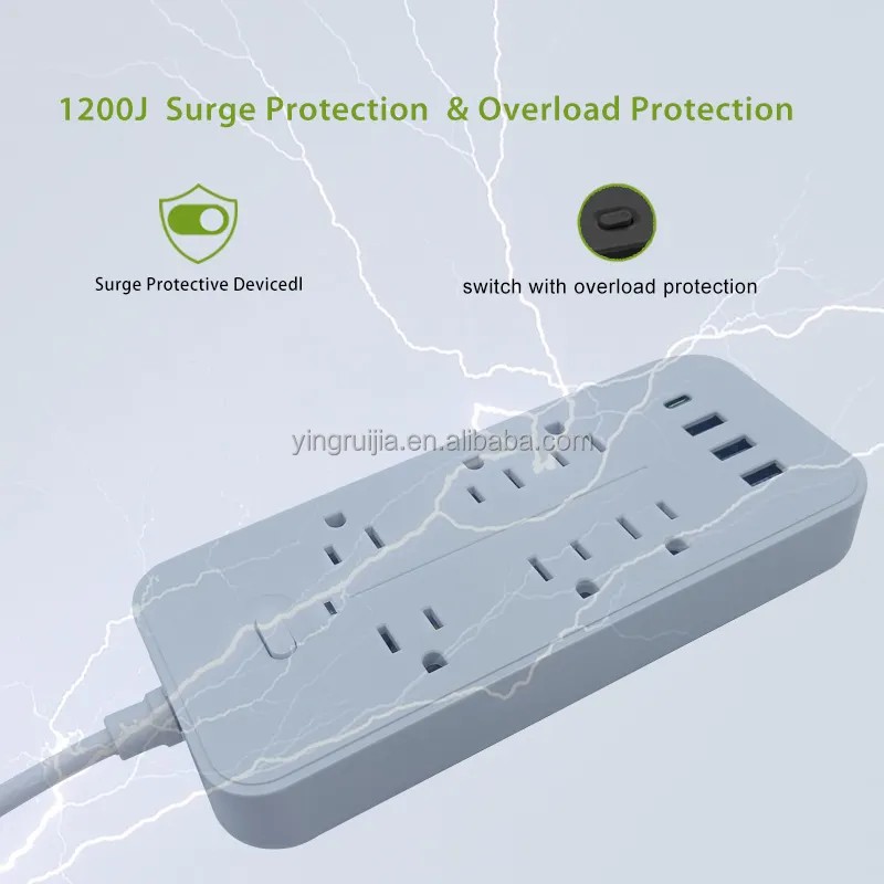 American power strip with Surge Protector and overload protection  Flat Plug Extension Cord Power socket 6 outlet with usb ports
