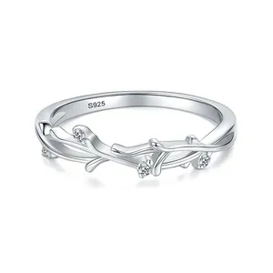 Luxury 925 Sterling Silver Branches and Leaves CZ Diamond Ring Women Simple Fashion Zircon Stacked Finger Ring