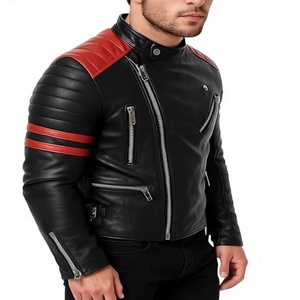 เสื้อแจ็คเก็ตหนังสีดำสไตล์คาเฟ่เรเซอร์แบรนด์ Brando สำหรับผู้ชาย แต่งดีเทลสีแดง คอตั้ง ปิดด้วยซิป ทรงมอเตอร์ไซค์ไบค์เกอร์ - Product Image 1