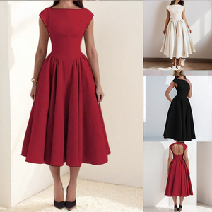 Pronto per la Spedizione 2026 Nuovo Abito <span class=keywords><strong>Midi</strong></span> <span class=keywords><strong>Elegante</strong></span> da Donna Francese Monocolore a Trapezio Senza Maniche con Cut-Out Vita Alta per Ufficio e Feste - Product Image 2