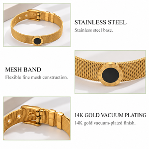 Brazalete de Acero Inoxidable con Malla Ancha y Disco Central Redondo Negro, Chapado al Vacío en Oro de 14K - Product Image 2
