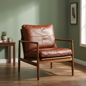 Sillón de Cuero Moderno de Mediados de Siglo con Estructura de Madera, Respaldo Sólido, Silla para Sala de Estar, Tapicería de Cuero Genuino Duradero - Product Image 4