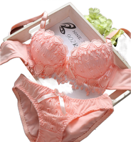 Set Bra dan Panty Lace Cantik untuk Wanita, Gaya Jepang, dengan Kawat, Satin, Kontras Lace, Bordir Rantai, Push Up