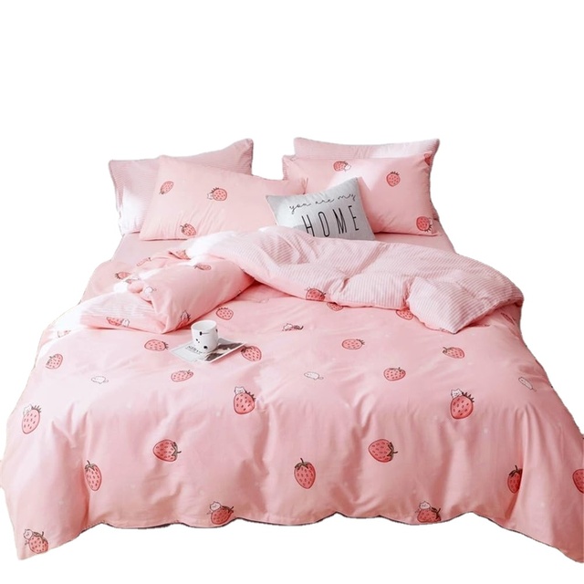 Bulk Custom Girls Charming Lovely Pink Strawberry Printing Premium Cotton Duvet Case Skin Friendly Home Essential Bed Cover Set