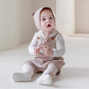 Ensemble barboteuse et bonnet en tricot 100% coton <span class=keywords><strong>original</strong></span> motif ourson, beige, avec bretelles croisées et bonnet pompon, tenue chaude d'hiver pour bébé et tout-petit - Product Image 4