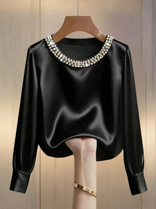 Women's Pearl Beaded Neck Satin Blouse - Long Sleeve Crew Neck Casual <b>Top</b> Shirt Fashion - Product Image 6