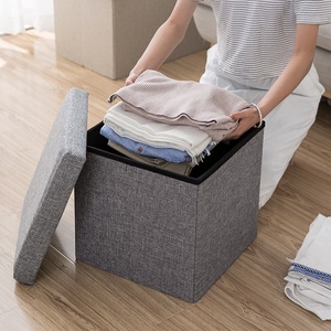 Vente en gros de tabouret de rangement pliant en tissu de lin carré pour salon pouf de rangement banc canapé chaise repose-pieds boîte d'organisation - Product Image 1