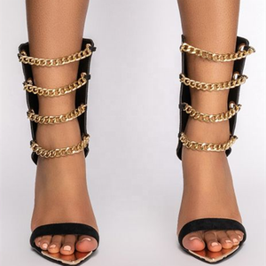 Summer Modern Sandals Gladiators Gold Pointy Toe Chain Strap <b>Black</b> High Heel Shoes for Lady <b>Pumps</b> Back Zipper Big Size 43 - Product Image 2