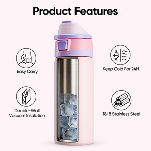 Bouteille d'eau isotherme en acier inoxydable de 530 ml pour le camping, avec couvercle à bouton-poussoir, paille amovible à double fonction et isolation sous vide à double paroi - Product Image 5