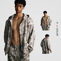 Hoodie Kamuflase 340gsm Tebal dengan Ritsleting, Saku Depan Polos, Model Longgar, Gaya Hip Hop, Kasual High Street untuk Pria