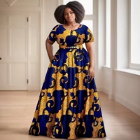 Gaun Wanita Afrika Ankara Batik Lengan Pendek Aksesori Sabuk Bermotif Emas 2425127