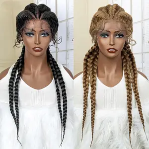 26 Inches Short Box Braids Lace Frontal Wig African Synthetic 4 Braid Wig with Baby Hair for Afro France Women Box Braid Wig