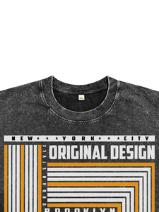 T-shirts pour hommes en coton respirant à coupe classique avec impression DTG de lignes géométriques personnalisées, teinture acide noire, col rond, coton teint en pièce - Product Image 3