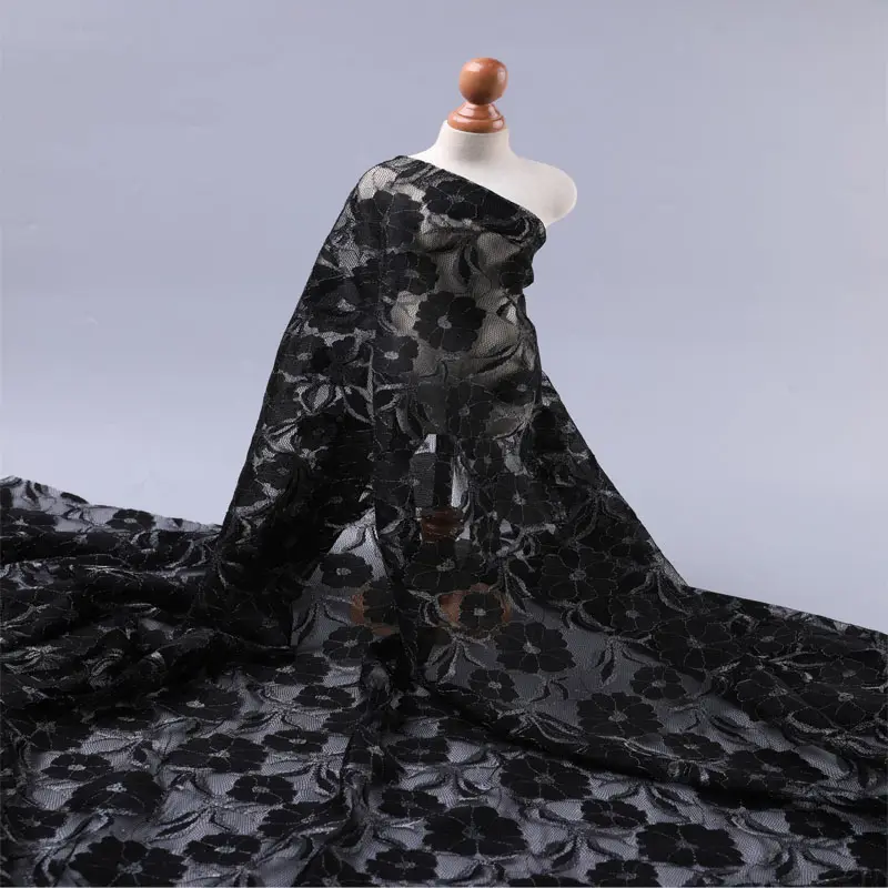 Tessuto di pizzo argento elastico in nylon spandex all'ingrosso per il vestito
