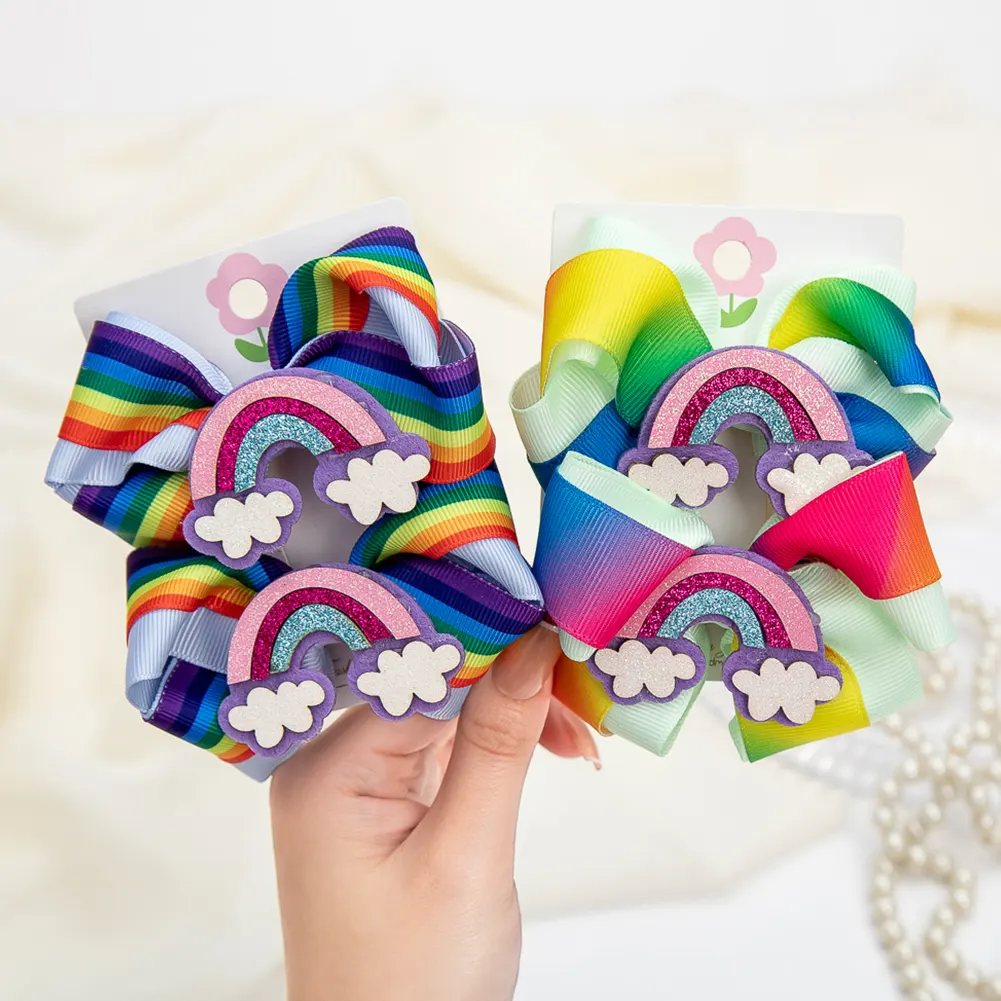 2 Pcs/Set 10cm Handmade Sweet Pastel Rainbow Printed Grosgrain Webbing Ribbon Hair Bows Clips for Kids Girls