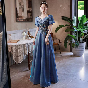 Evening Dress V-Neck A-Line Blue Satin Floral Print Natural Waistline Polyester Fabric - Product Image 3