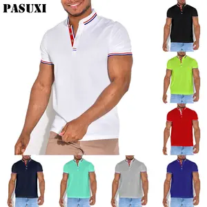 PASUXI Summer New Mens Short Sleeve T Shirt Young Men Solid Color Lapel T Shirt Business Casual Wear